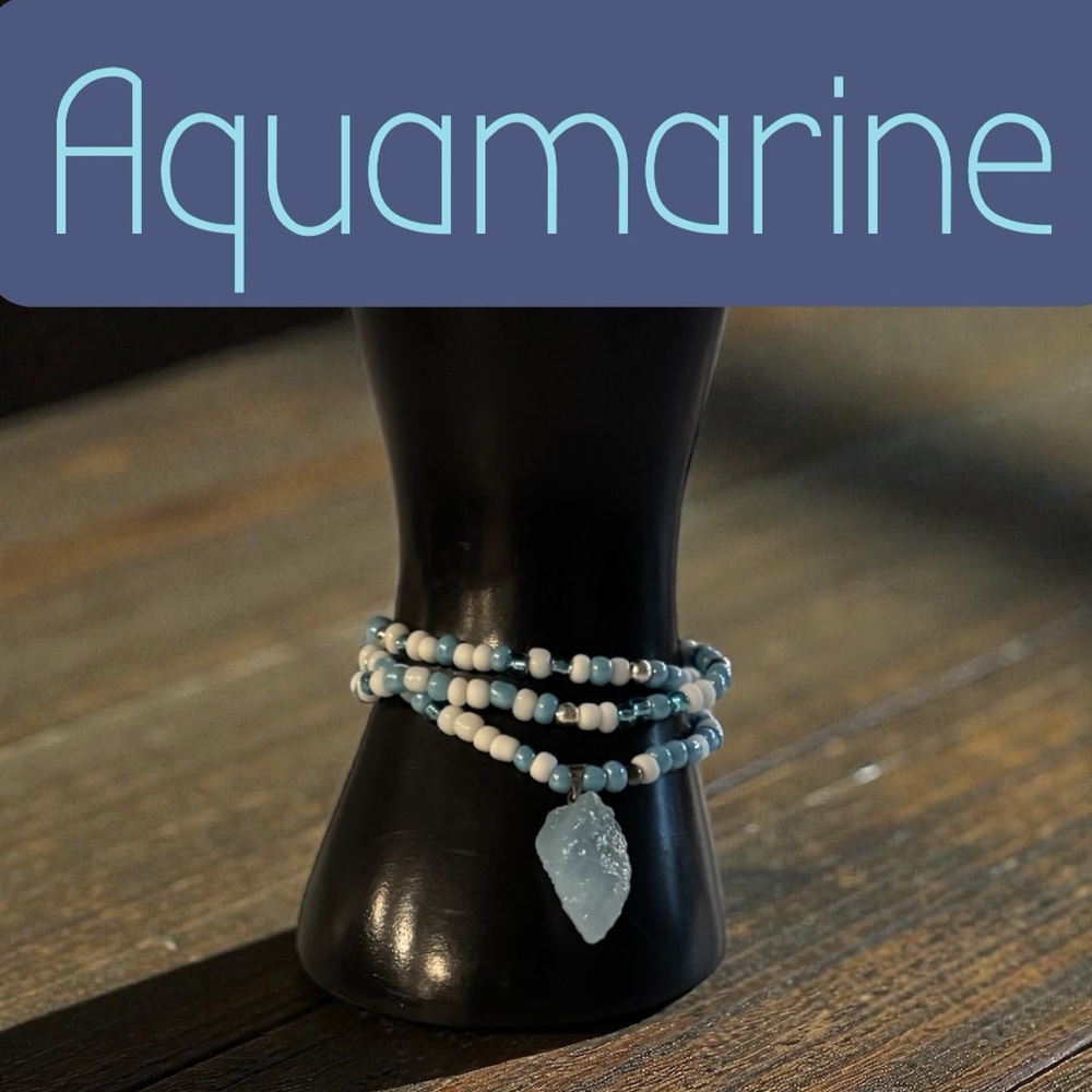 Handmade Blue & White Beaded Wrap Bracelet with Aquamarine Pendant - Picture 5 of 5